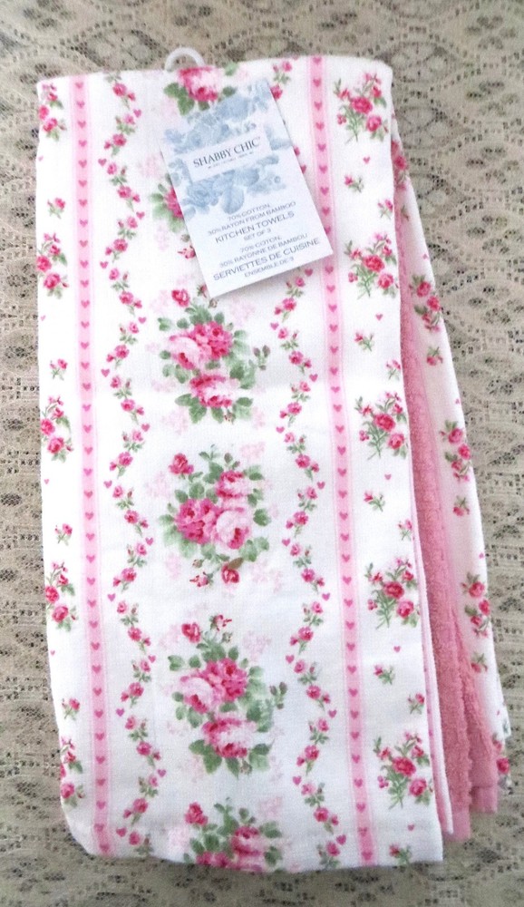 Shabby Chic Pink Victorian Floral Print 100% Cotton Set of 3 Kitchen Towels NEW
