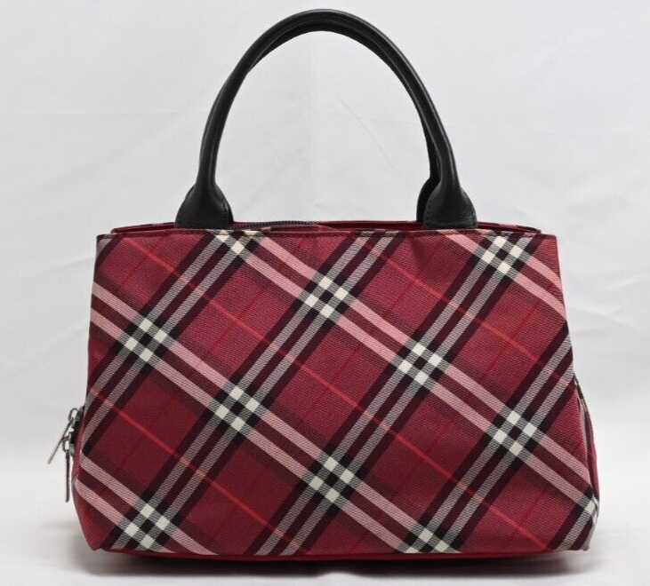 BURBERRY Nova Check Blue Label Hand Bag Nylon Red Authentic