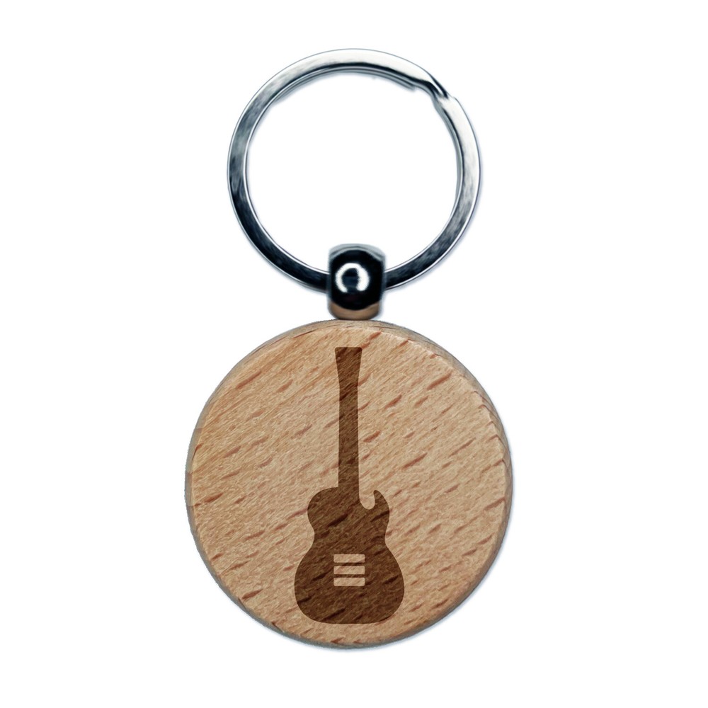 Electric Guitar Silhouette Engraved Wood Round Keychain Tag Charm