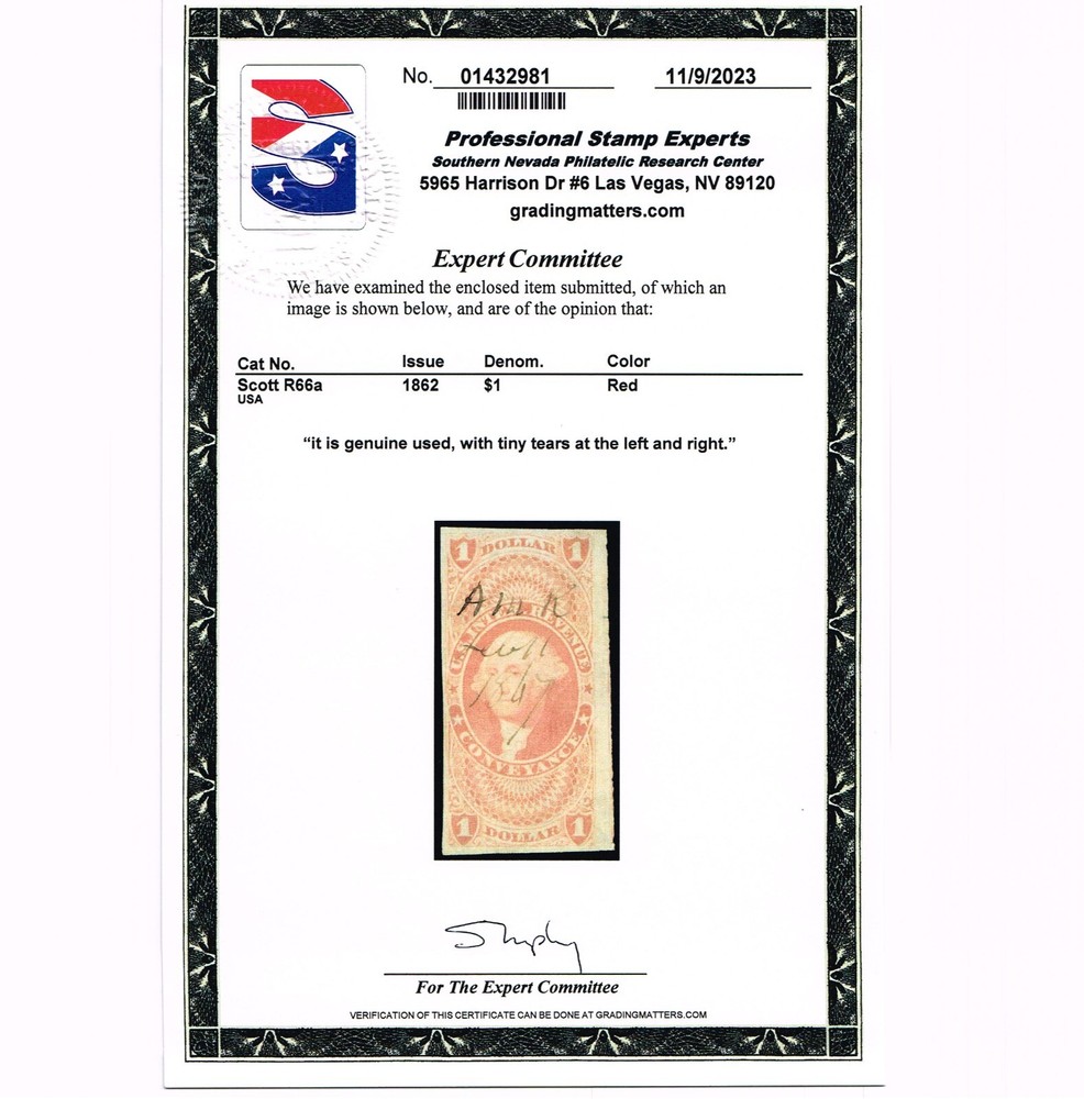 EXCELLENT GENUINE SCOTT #R66a 1862 FIRST ISSUE REVENUE ON OLD PAPER PSE CERT