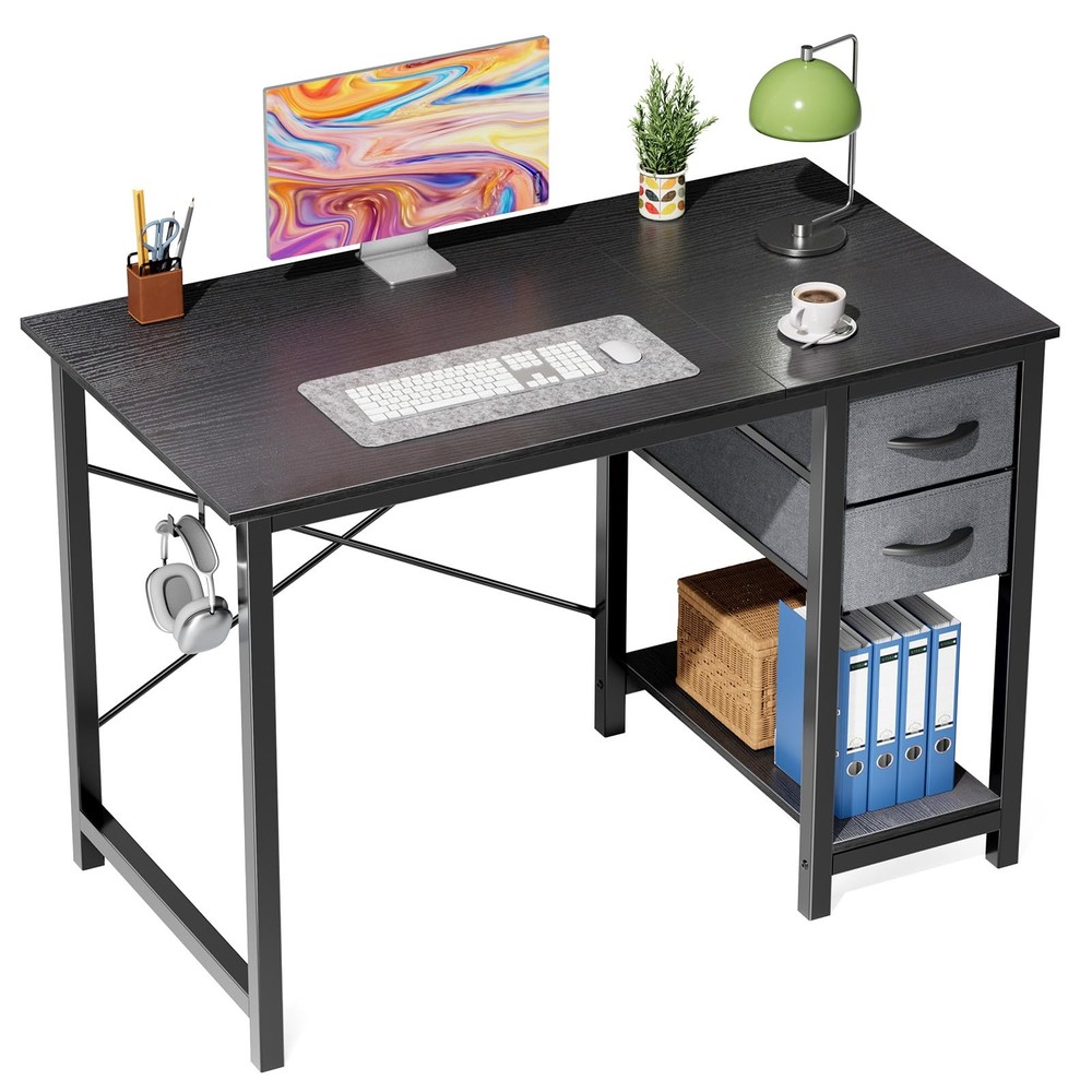 Black 40 Inch Computer Desk With 2 Fabric Drawers For Home Office Small Space