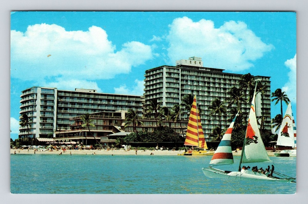 Waikiki HI-Hawaii, The Reef Hotel, Outside Beach View, Vintage Postcard