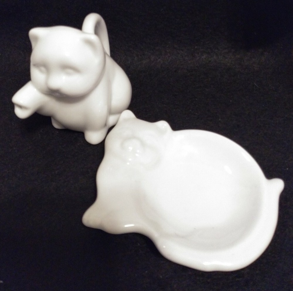 Porcelain Kitty Cream Pitcher And Kitty Tea Bag Holder