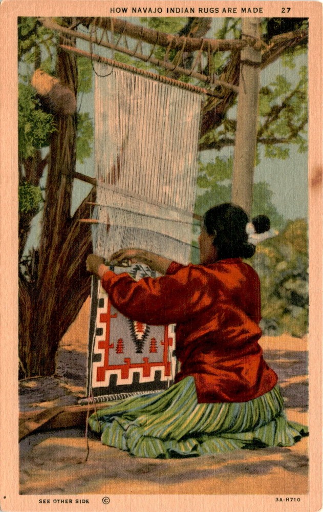 Albuquerque, Navajo, sheep, tree, wool, distaff, dye, loom, Postcard