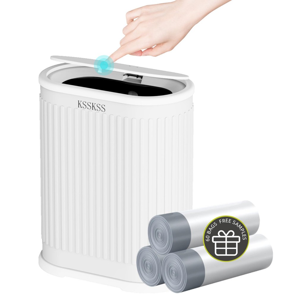 1.8 Gallons Small White Bathroom Trash Can with Lid, Slim Bathroom Garbage Bi...