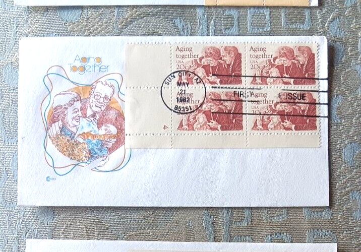 Vintage 1982 Covercraft FDC Aging Together Older Couple Plate Block Cachet-image