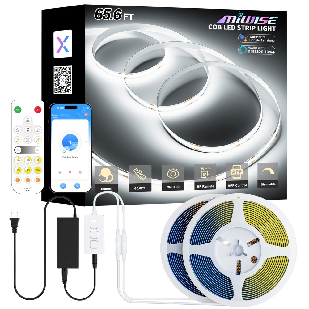 COB LED Strip Lights 65.6ft/20m,UL-Listed CRI 90+ Dimmable 6000K Daylight Whi...