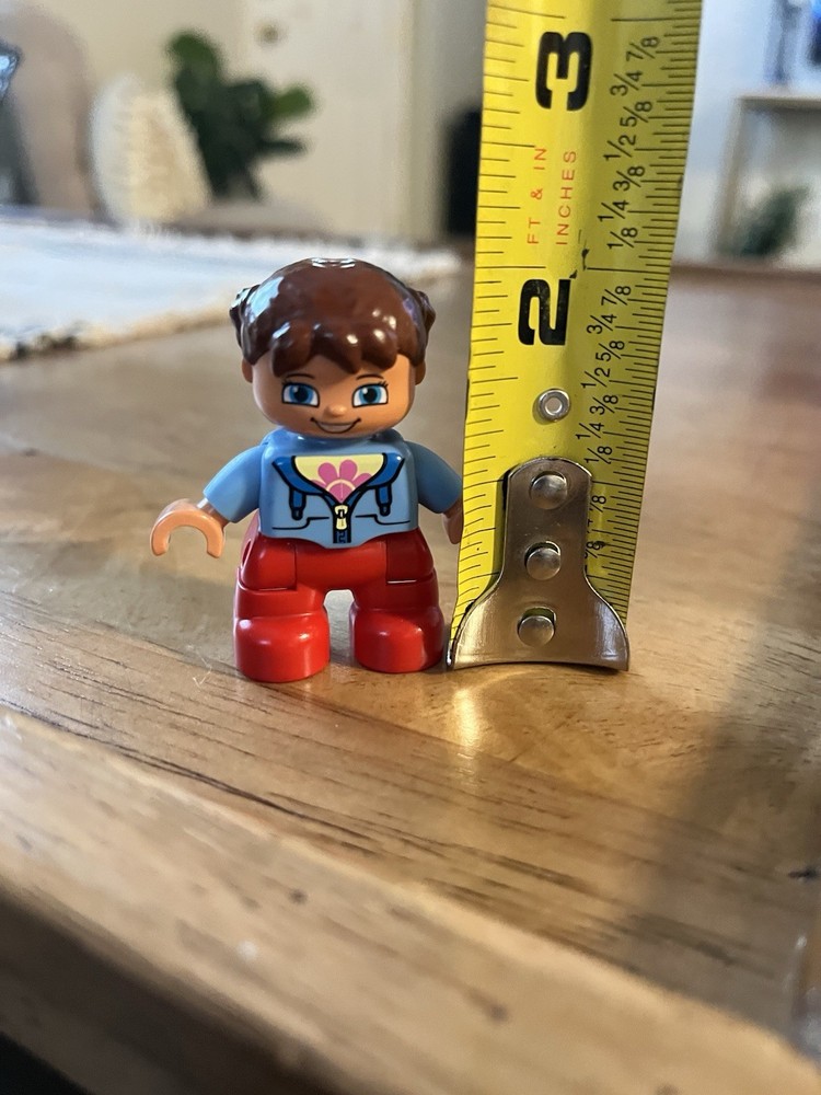Lego Duplo Vintage Girl Figure with Braided Hair Flower Shirt Blue Jacket Red Pants
