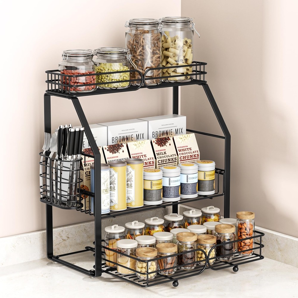 Spice Rack Organizer for Cabinet, 3 Tier Black Countertop Organizer Small Spi...