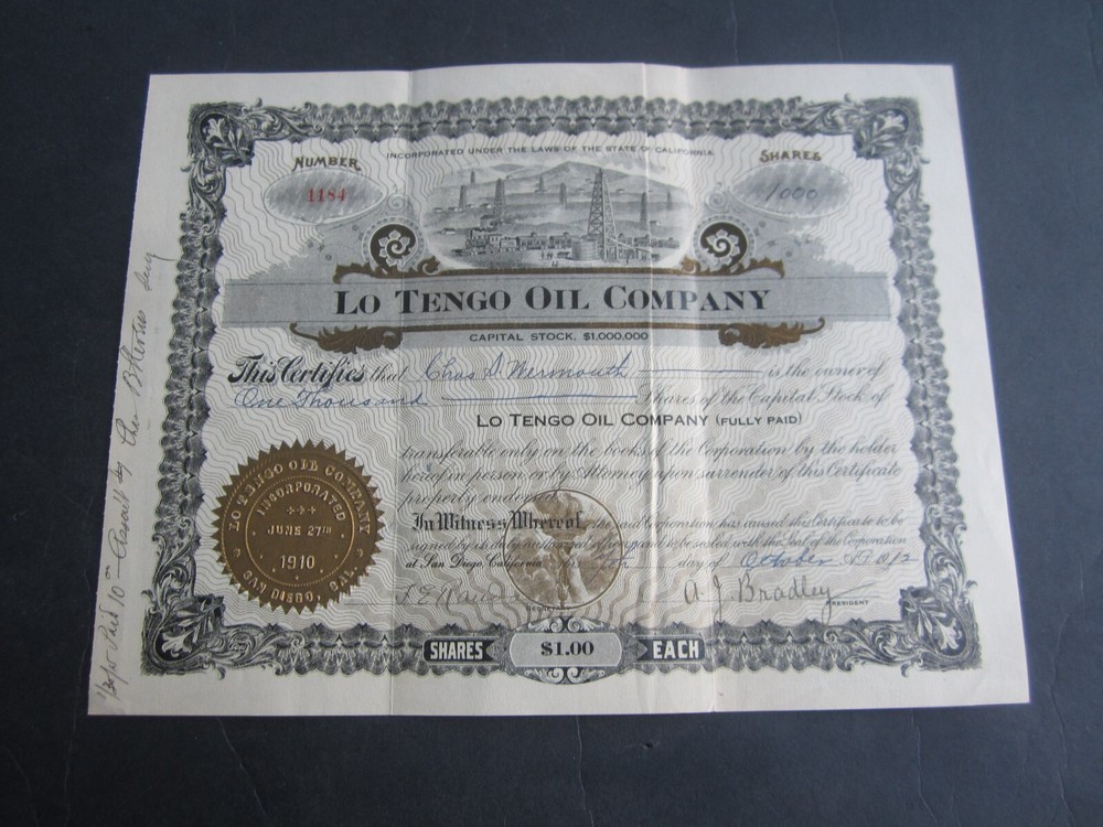 1912 - LO TENGO OIL COMPANY - Stock Certificate - SAN DIEGO CA.