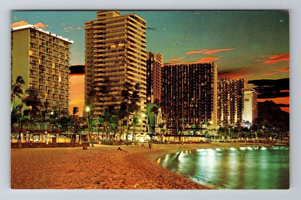 Waikiki Beach HI-Hawaii, Early Evening, Hotels, Antique, Vintage Postcard