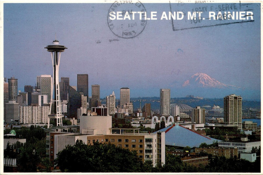 Seattle Postcard Featuring Mt Rainier Space Needle and Pacific Science Center