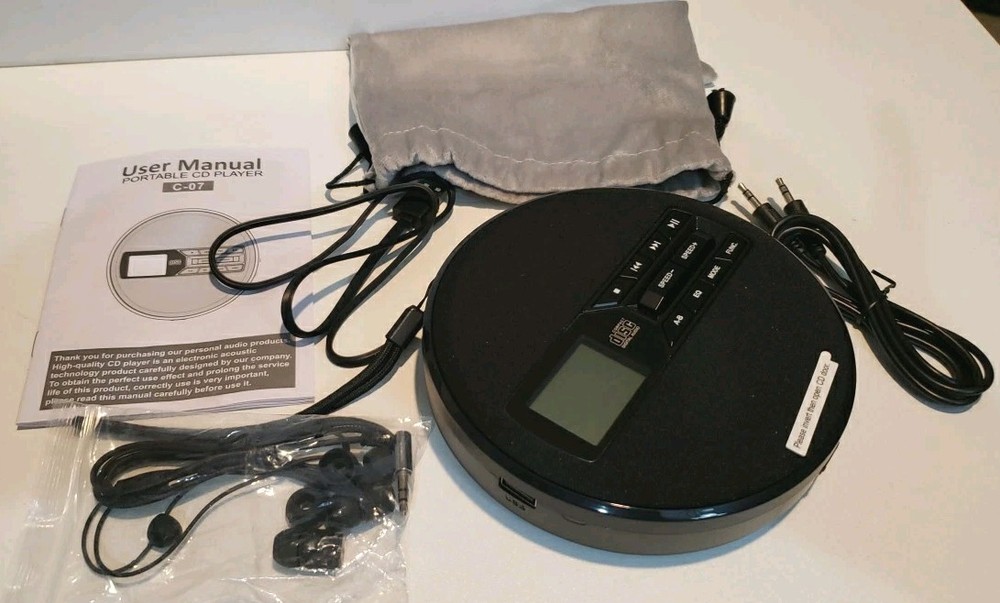 Portable Cd Player C-07 Headphones Cords Rechargeable Black