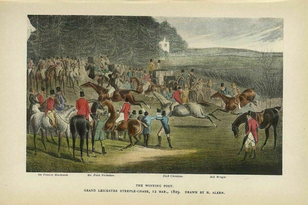 STEEPLECHASE HORSES JOCKEYS RIDERS PASSING THE WINNING POST SADDLES SPECTATORS