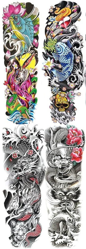 4 Sheet Full Sleeve Temporary Tattoos – Koi Fish Dragon Skull Mythical Designs