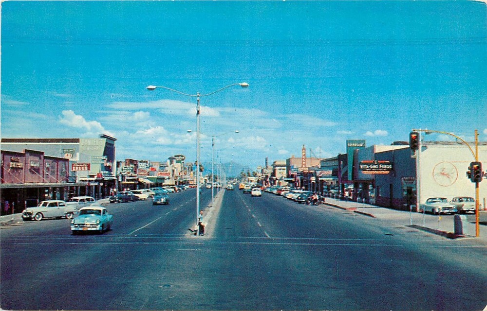 Vintage 1950s Mesa Arizona Main Street Superstition Mountains Petley Postcard 24-10404