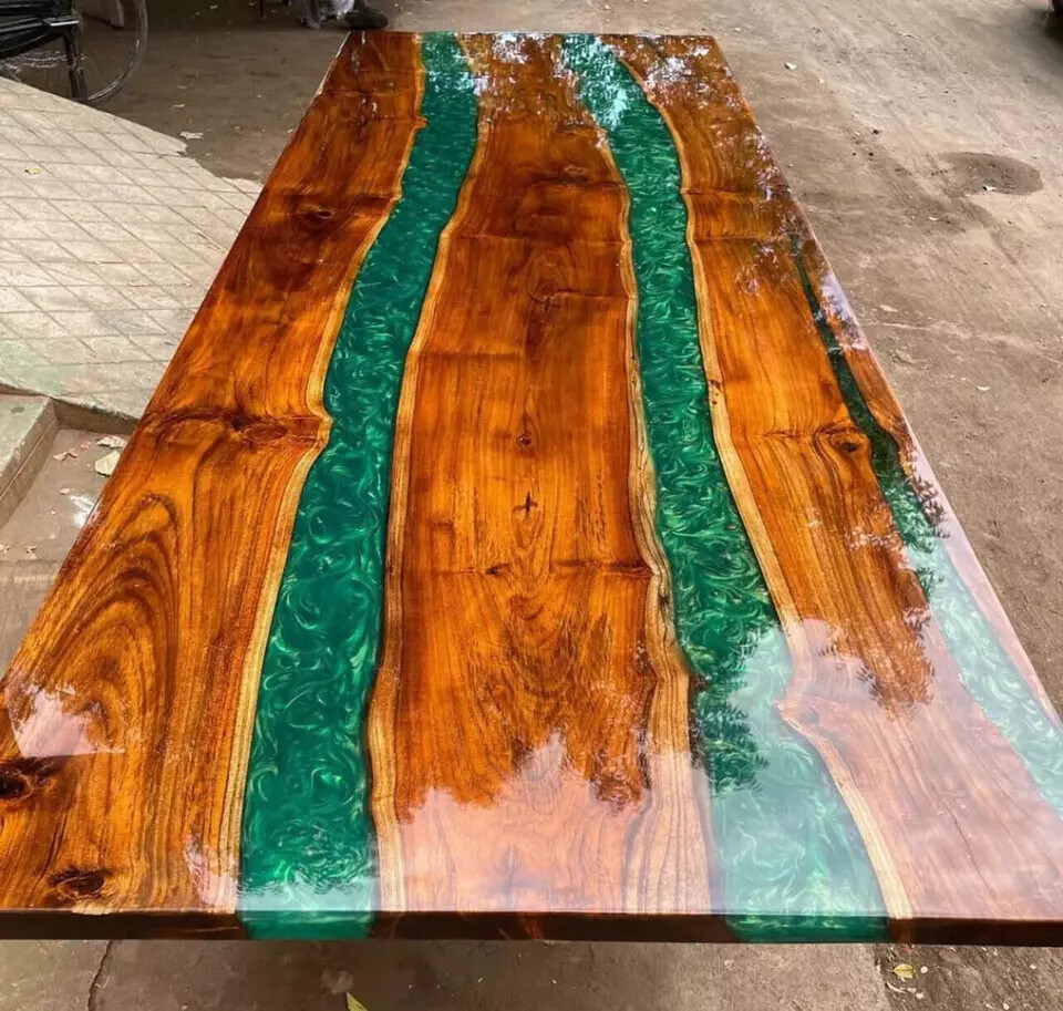 Handmade Live Edge Wood Dining Table with Green Epoxy Resin Top for Modern Home Decor-image