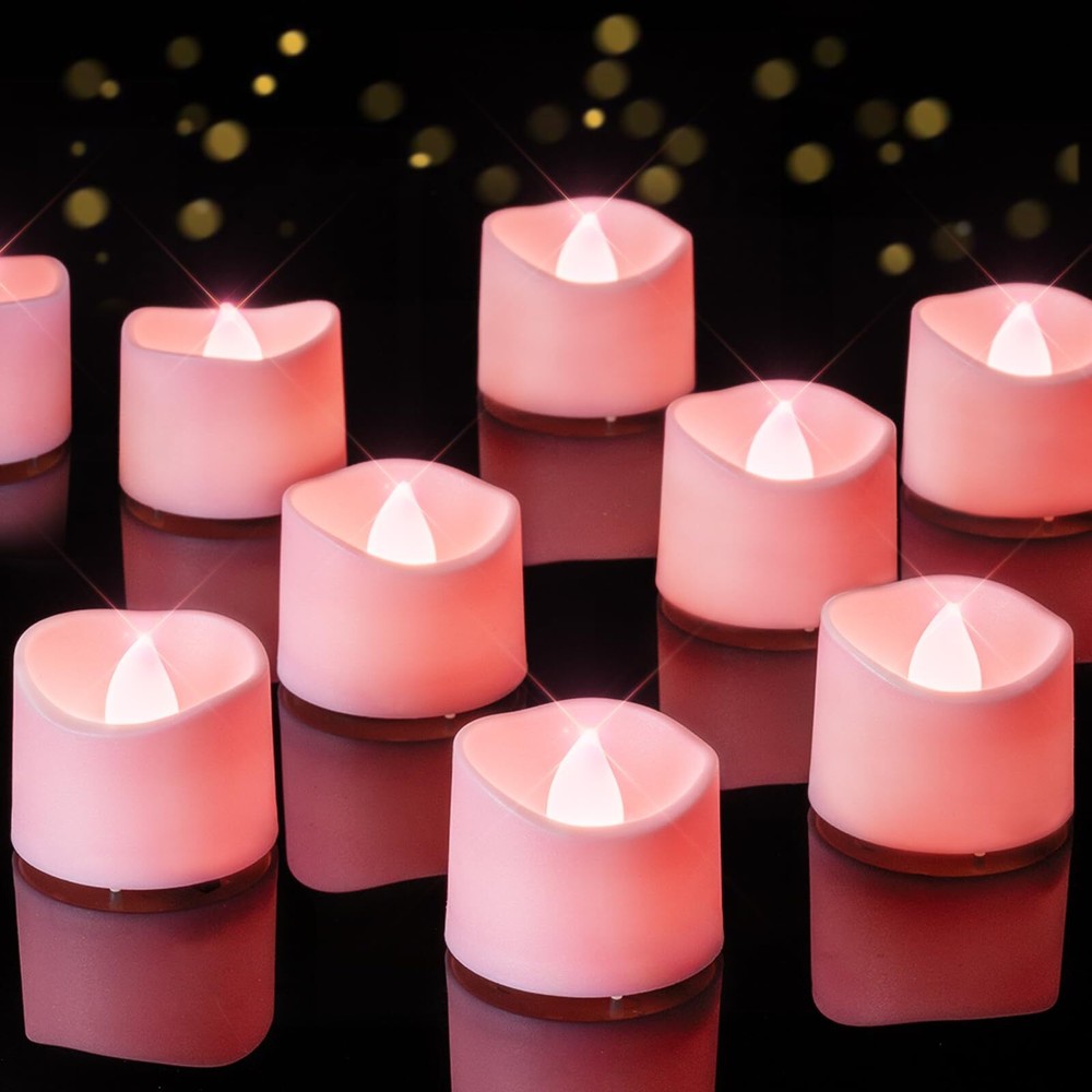 Luces de té rosa velas que funcionan con pilas, 200+ horas parpadeantes sin llama falsas...