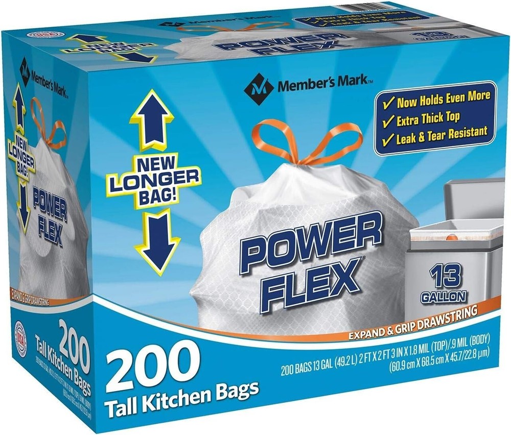 Member's Mark Power Flex Tall Kitchen Drawstring Trash Bags 13 Gallon, 200ct