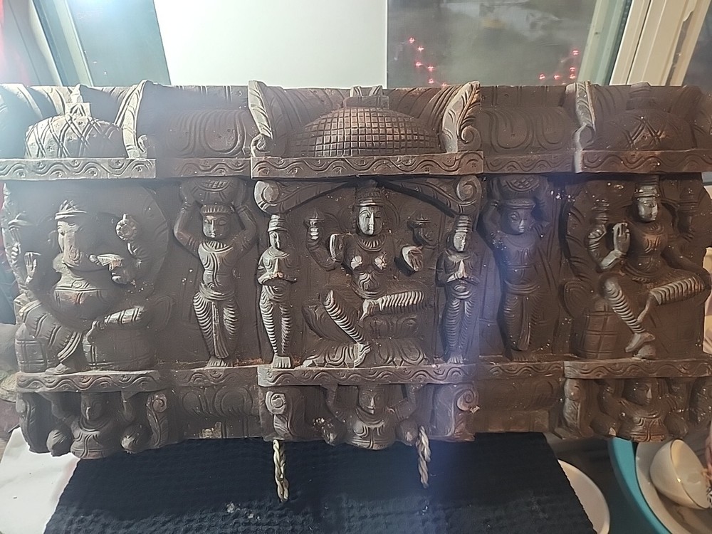Antique Ganesha 1800's hand carved wood Hindu gods wall plaque 22