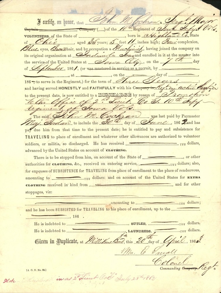 Civil War Payment Certificate for Sergeant Major John M Cochran-image