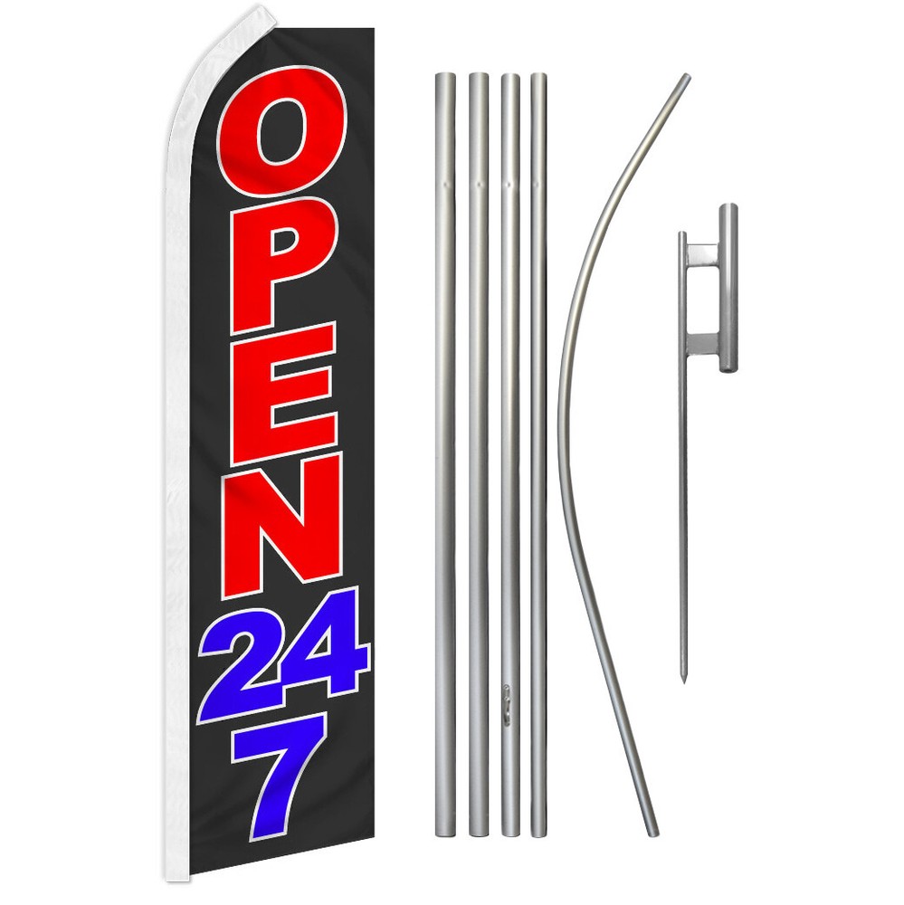 24/7 Open Business Advertising Swooper Feather Flutter Flag with Pole Kit – Perfect for 24-Hour Storefronts and High-Visibility Marketing