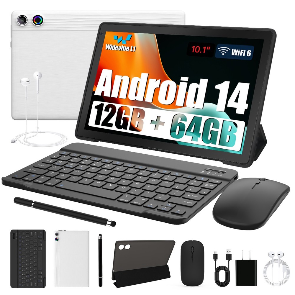 10.1-inch Android 14 Tablet - 12GB RAM 64GB Storage with Keyboard Mouse Stylus