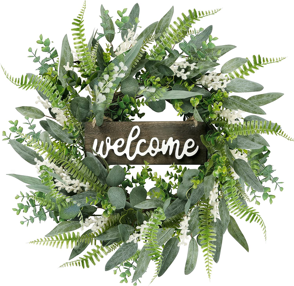 20In Green Artificial Eucalyptus Wreath with White Berries and Welcome Sign-image