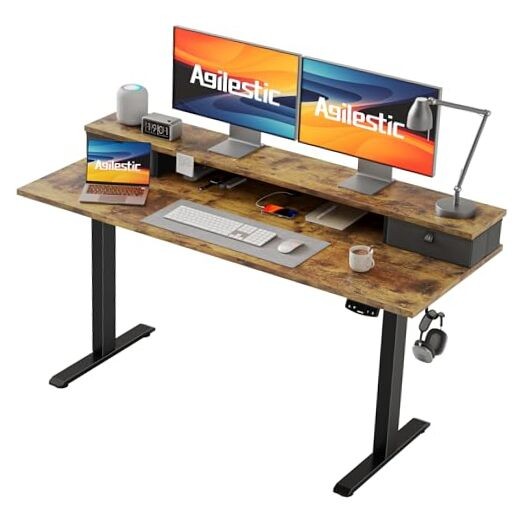 Height Adjustable Electric Standing Desk with 2 55 x 24 Inches Rustic Brown