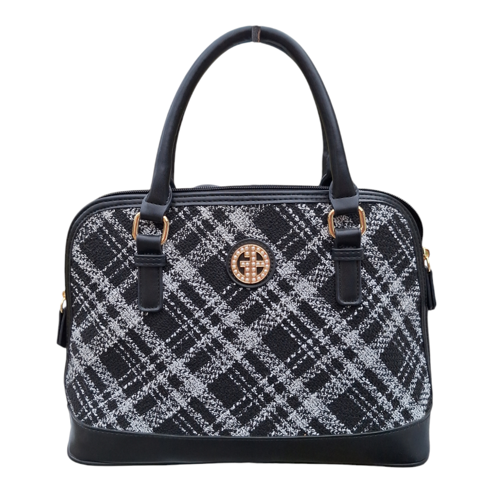 Giani Bernini Plaid Saffiano Dome Black/White Pearl Encased Emblem Bag