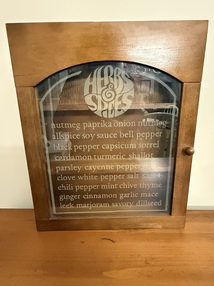 Vintage MCM Wooden Gailstyn Hanging Herb & Spice Cabinet Frosted Door Farmhouse