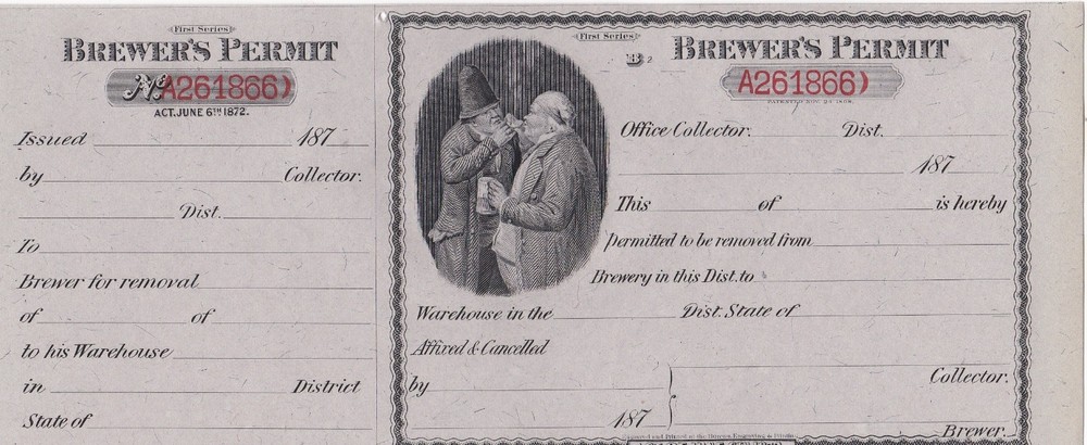 1870's Brewers Permit Stamp with Full Stub Nice Condition NH NGAI one pin hole