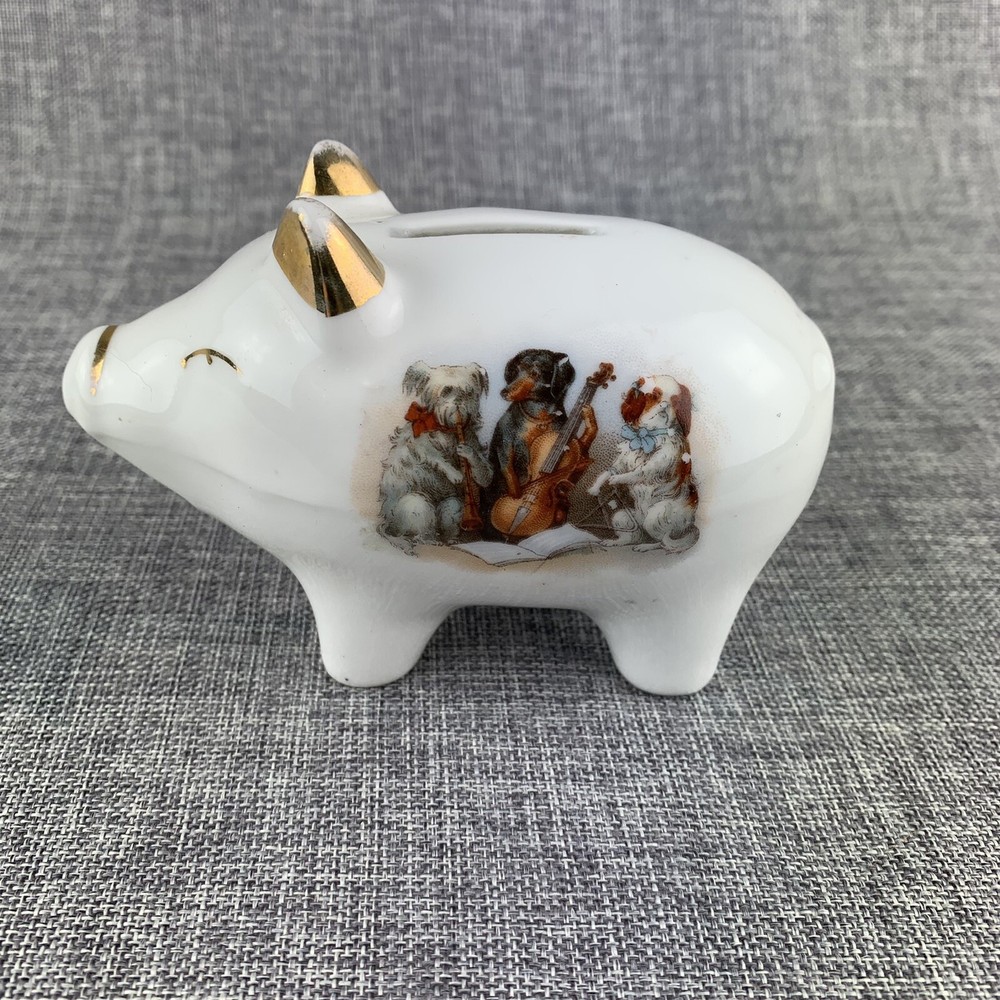 Antique Ceramic Souvenir Piggy Bank Amherst NS Dog Transfer Gold Trim Germany-image