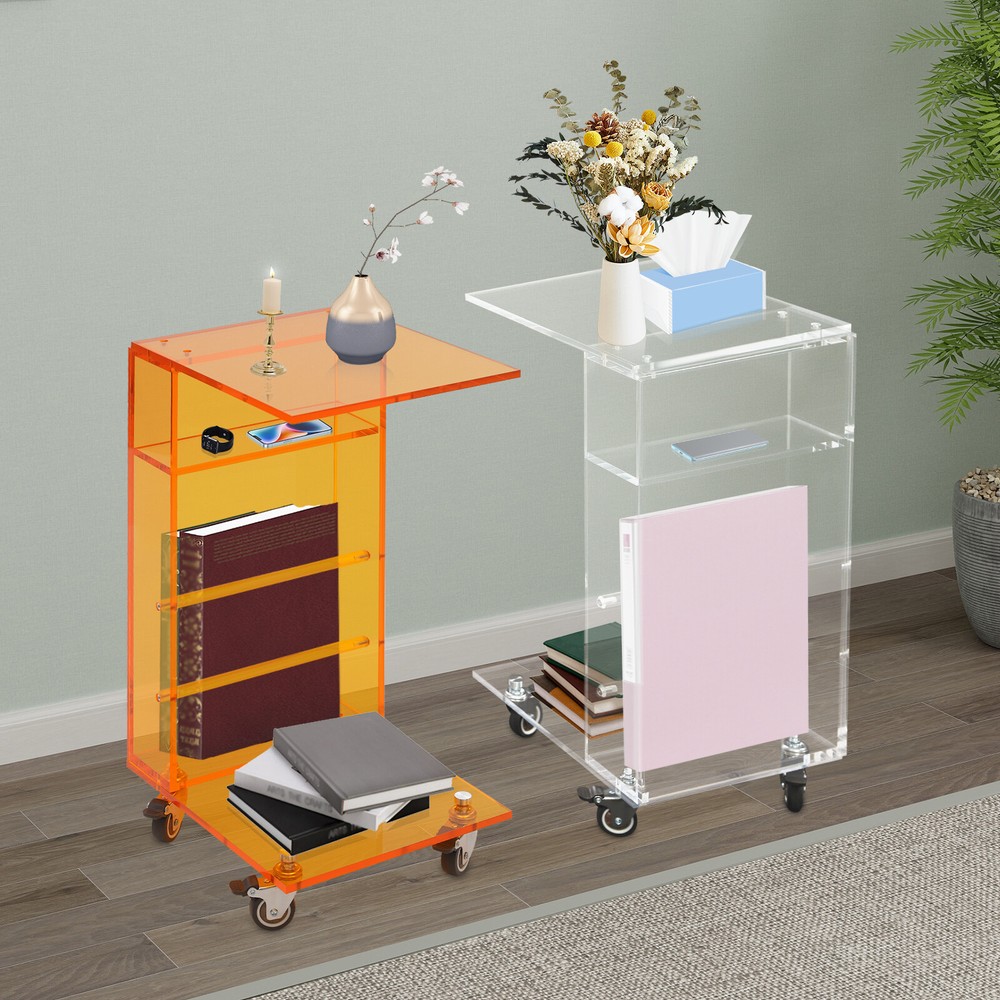 Acrylic C-shaped Desk C-shaped End Table for Sofa Small Coffee Tables W/4Wheels