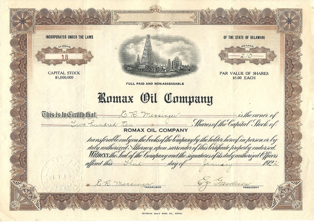 DELAWARE 1922, Romax Oil Company Stock Certificate #18