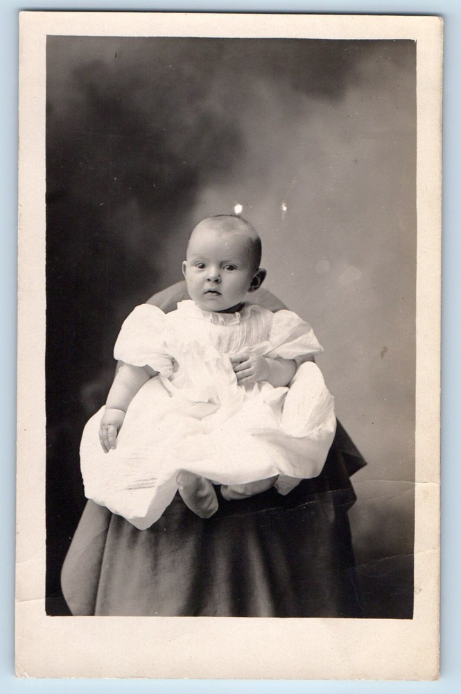 Antique 1909 RPPC Photo of Baby Lela Bowen in White Dress Studio Portrait