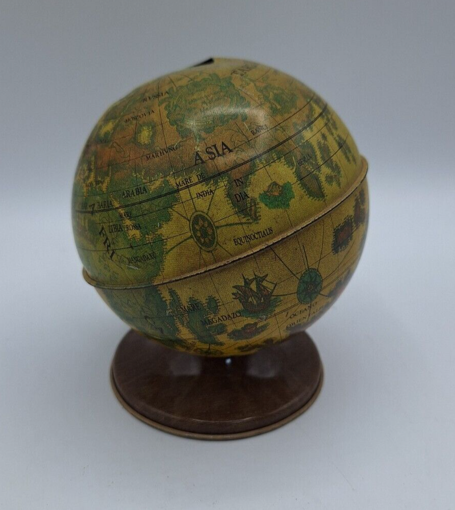 Vintage Tin World Globe Bank Metal Wood-look base; Historical country names