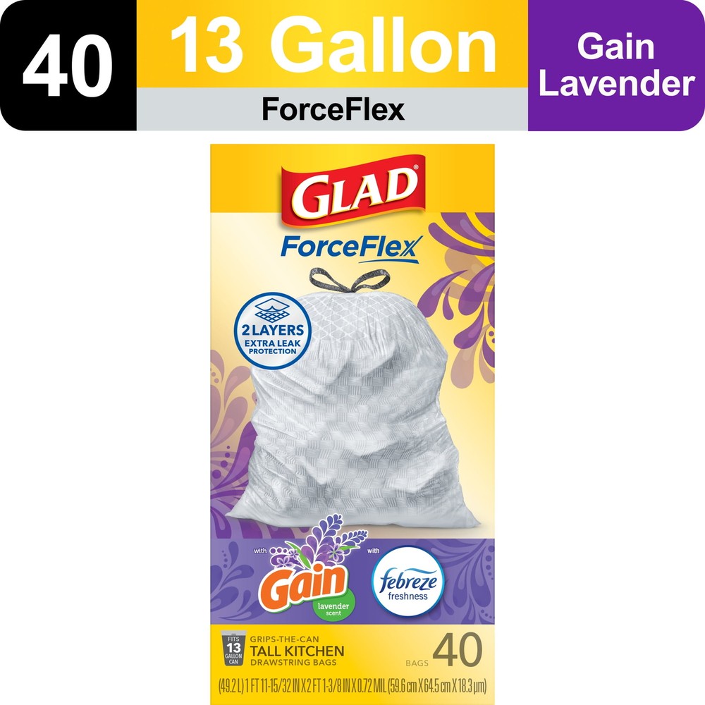 Glad ForceFlex Tall Kitchen Drawstring Trash Bags, 13 Gallon, Gain Lavender