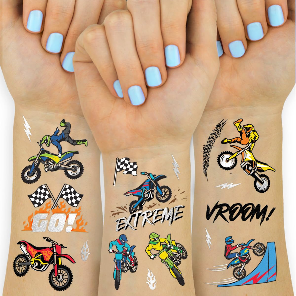 Dirt Bike Temporary Tattoos Party Decorations - 48 Silver Foil | Birthday Party