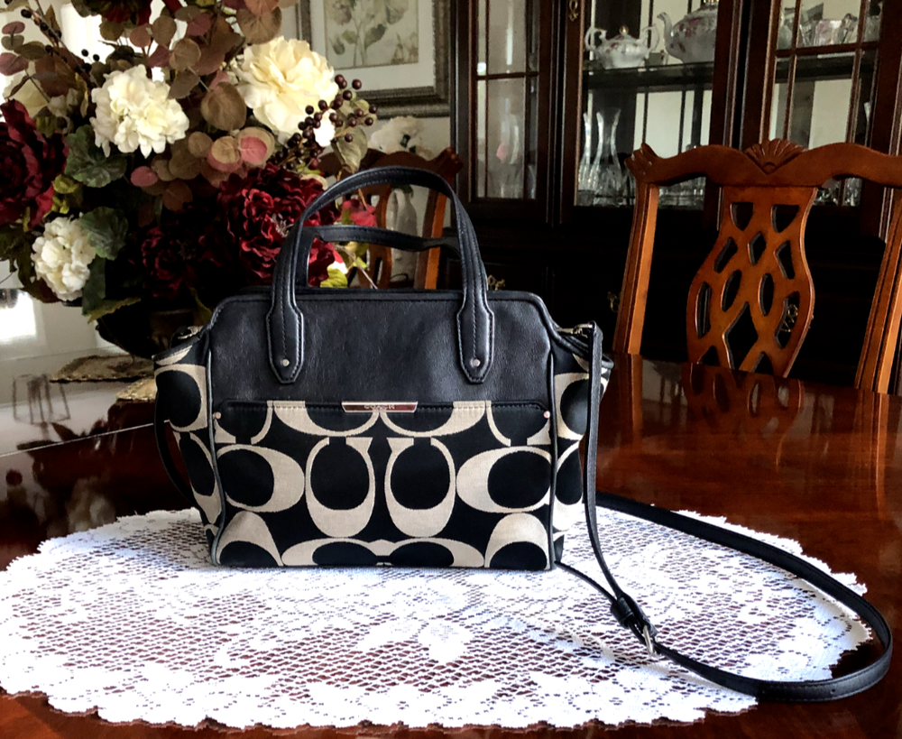 Coach F33834 Taylor Signature Bette Mini Tote Crossbody Black Tan Silver