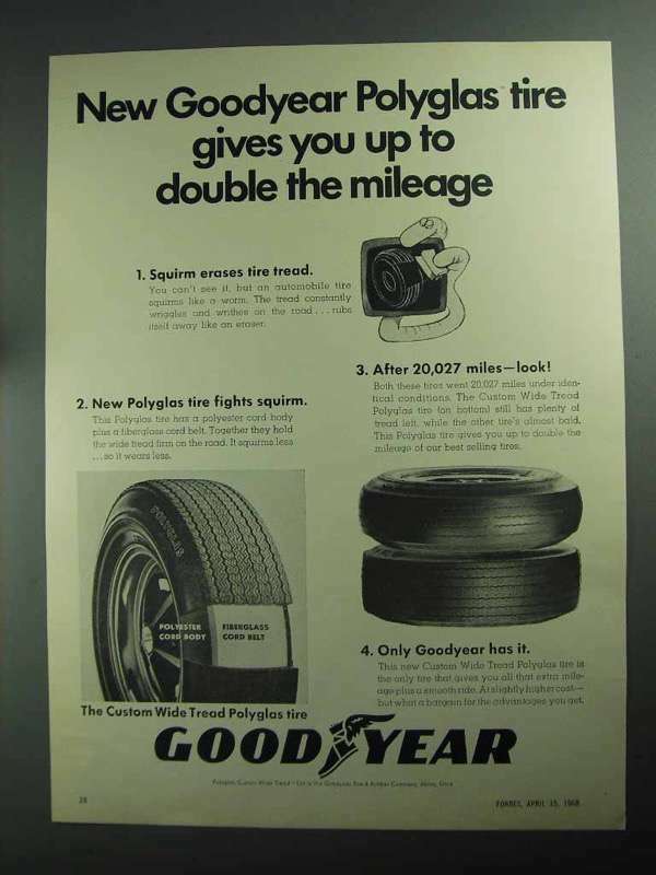 1968 Goodyear Polyglas Tire Ad - Double Mileage