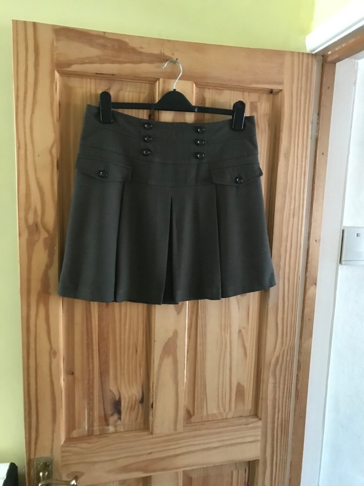 Next Green Pleated Short Skirt Size 12 L18in Lined with Faux Pockets VGC-image