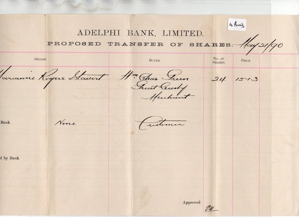 Adelphi Bank - (AB03 ) proposed  share transfer -  May 1890-image