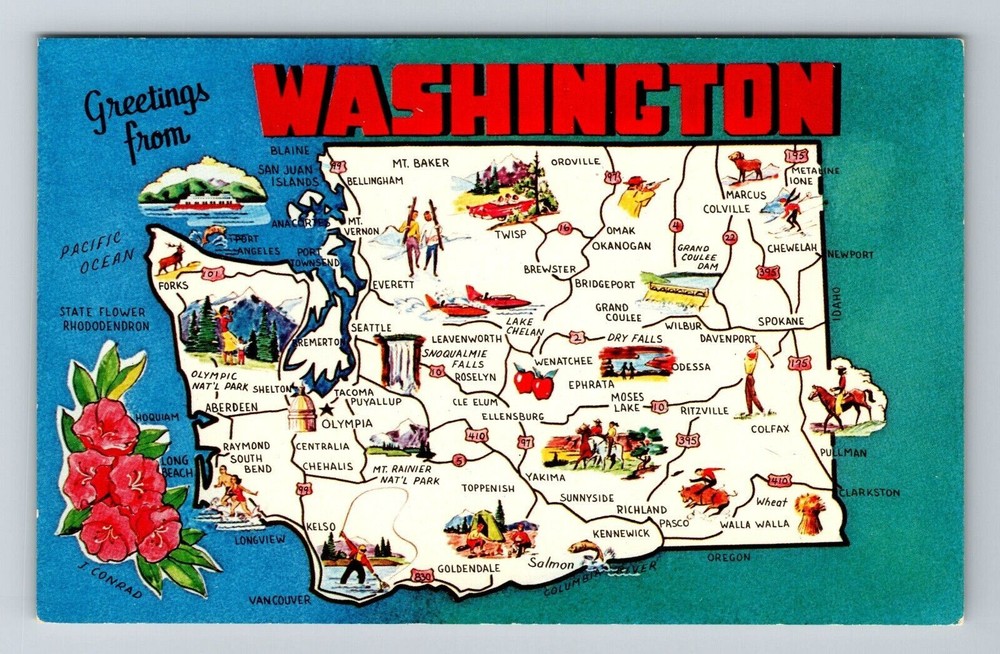 WA-Washington, Scenic Map Landmark Greetings, Vintage Postcard