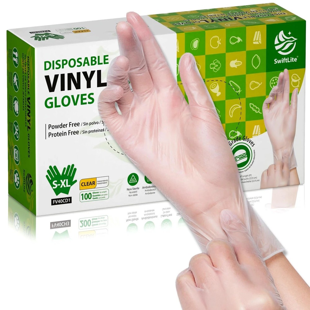 SWIFTLITE Latex-Free Disposable Vinyl Gloves Food Safe Clear 100 Pack