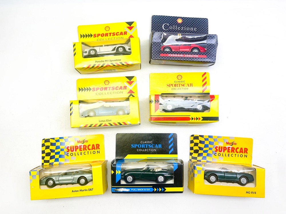Diecast Sports car collection x7 boxed Shell Maistso Porsche Lotus MG Jaguar