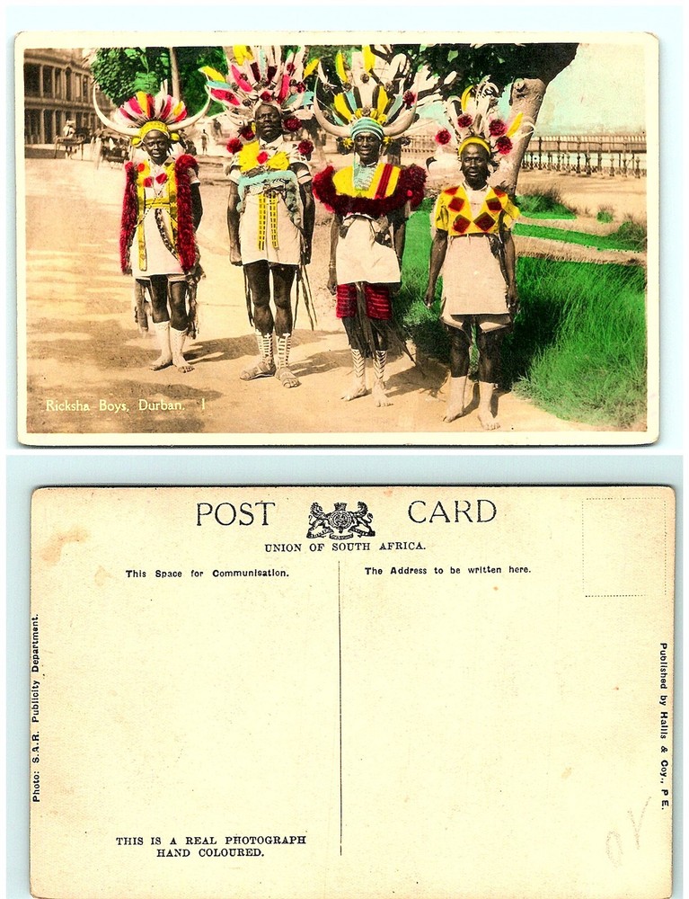S02-1587, Ricksha Boys, Durban, South Africa, Hand Colored Real Photo Postcard