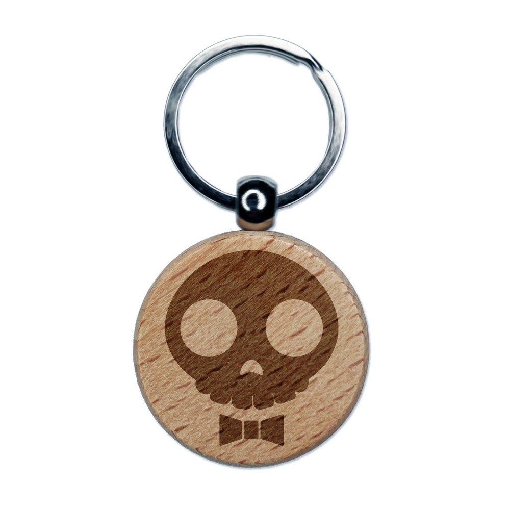 Dapper Skull with Bowtie Engraved Wood Round Keychain Tag Charm