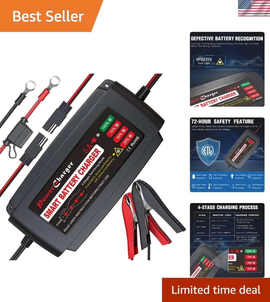 Smart 4-Stage 12V 5A Fast Battery Charger for Marine & Auto