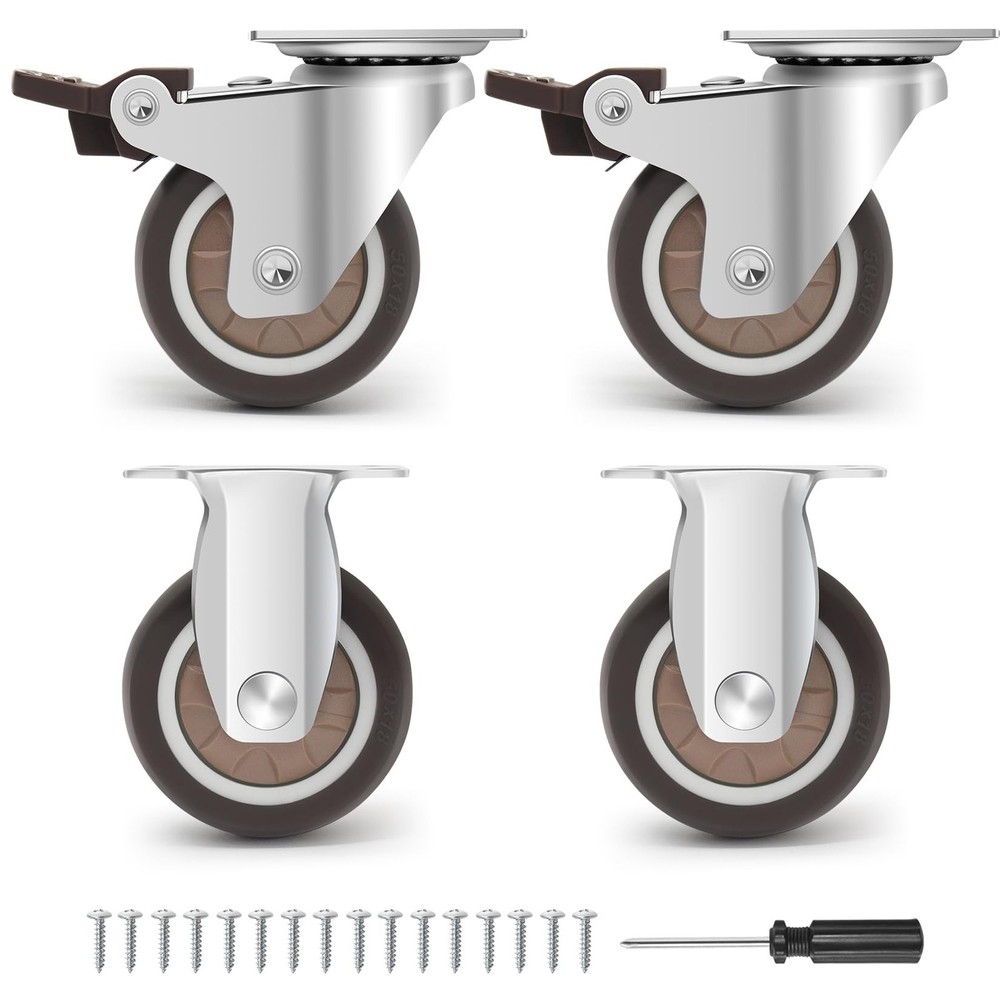 Caster Wheels 2 Inch - 2 Fixed & 2 Swivel with Brakes Casters Set of 4, Silen...